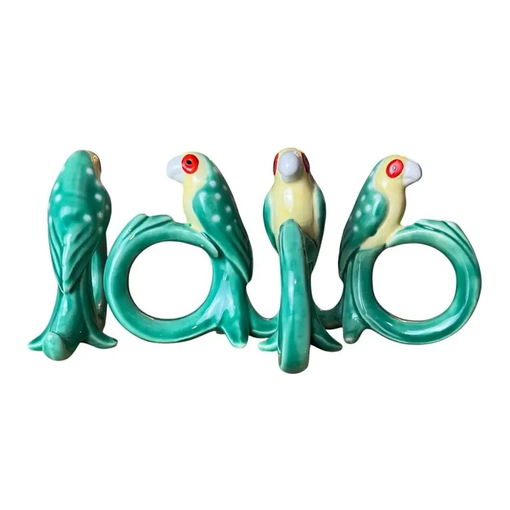 FITZ & FLOYD Vintage Ceramic Parrot Napkin Ring Holder Set Teal Green Bird Decor